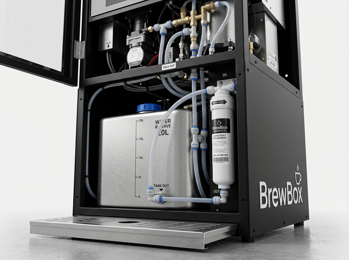 BrewBox internals — 20L water reserve, filtration system, and plumbing
